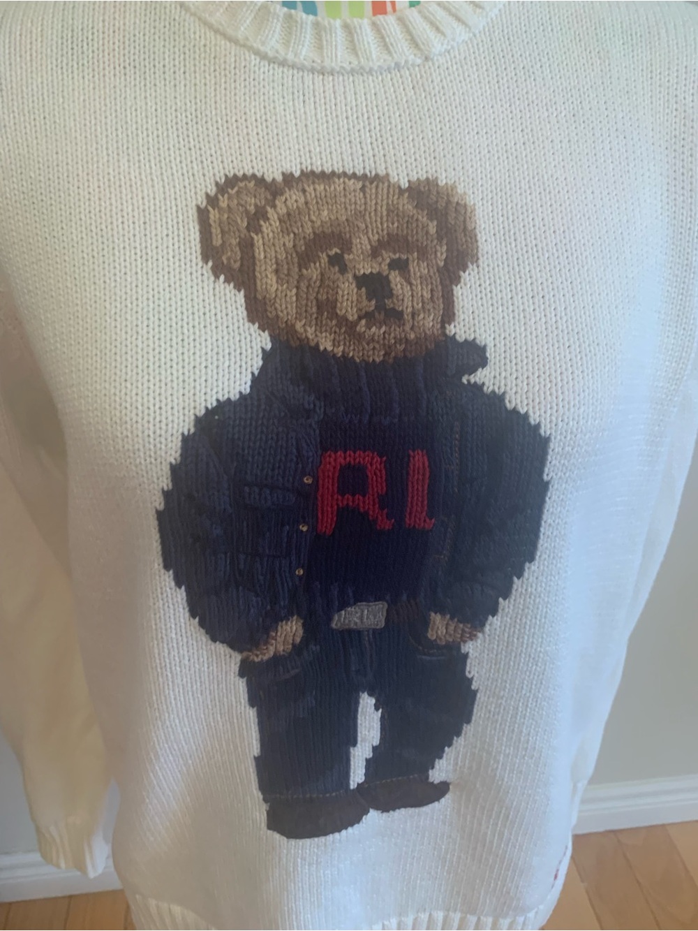 NWOT Polo Ralph Lauren 100% Cotton White Crewneck Sweater with Polo Bear - Picture 3 of 12